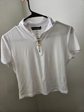White Ribbed Short Sleeve Zip Polo